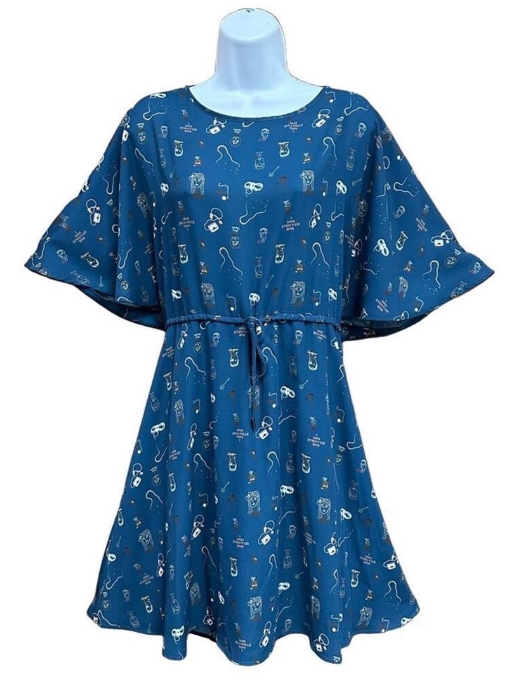 Cop Copine teal dress Large print flutter sleeve drawstring waist dress Brunch